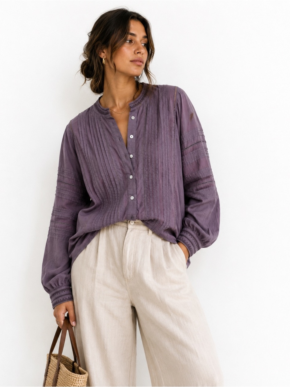 Ex Voto Womens Purple Pintuck Blouse Cotton Boho Embroidered Top NWT